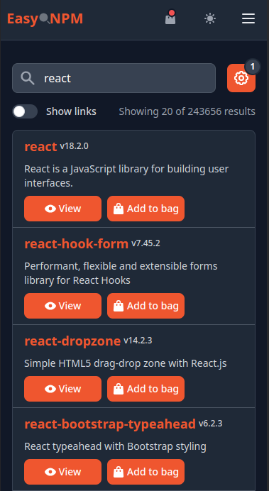 EasyNPM mobile search view